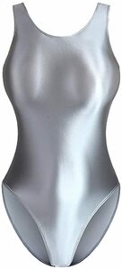 MJINM　超光沢競泳水着　フルバックレオタード　つるつる素材　セクシーコスプレ衣装 グレー