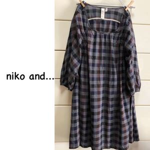 ニコアンド バックギャザー 七分袖 チェック ワンピース niko and... ブラック グレー ネイビー ブラウン