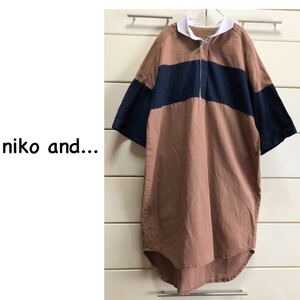 ニコアンド 綿麻 配色 ラガー チュニック ワンピース ③ M キャメル ネイビー niko and...