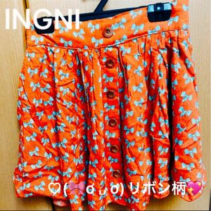 INGNI スカート リボン柄 レトロかわいい ウエストゴム フリーサイズ オレンジ 量産型 小さめ ミニスカート