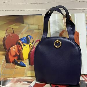 美品 1994年collection VINTAGE OLD CELINE 型押しレザー ハンドバッグ ガンチーニ金具 ネイビー ダークブルー ヴィンテージバッグ 90'S