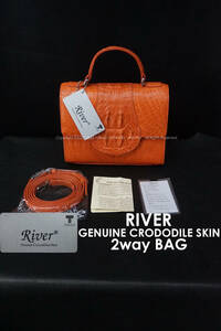 未使用 良色 River マット仕上げクロコダイル クラウン付き ハンドバッグ 2way ショルダーバッグ ワニ革 バック オレンジ ミニバッグ