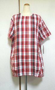 [ India cotton ] check pattern tunic cotton flax cotton linen red red M size ( tag attaching unused )