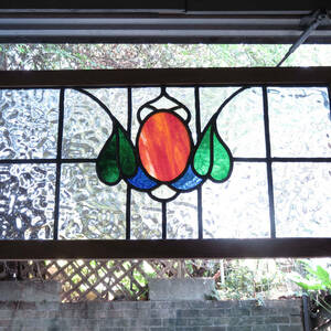 イギリスの古いステンドグラス(オレンジのマーブルガラス)窓枠/飾り窓/ドア/店舗什器/ディスプレイ/インテリア雑貨/内装/建具/新築/AL-0990