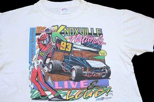 ★90s USA製 Hanes KNOXVILLE nationals チェッカーフラッグ 両面プリント Tシャツ 白 XL★オールド ダート レース オフロード 蛍光 ネオン