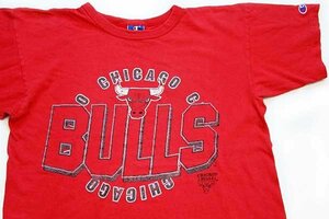 ★90s USA製 Championチャンピオン NBA CHICAGO BULLSシカゴ ブルズ コットンTシャツ 赤 フェード L★オールド ビンテージ スポーツ バスケ