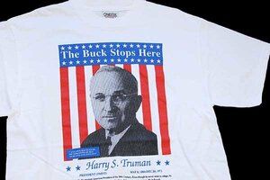 ★90s The Buck Stops Here Harry S.Truman 大統領 両面プリント コットンTシャツ 白 L★オールド ビンテージ 星条旗 フラッグ トルーマン