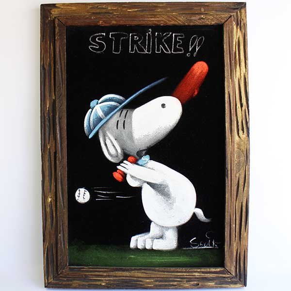 ★70s Snoopy STRIKE!! Velvet Hand Painted Art Wood Framed★Vintage Antique Interior Wall Hanging Character, artwork, painting, others