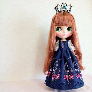  free shipping! hand made Neo Blythe * Licca-chan. clothes [ race sleeve. chu-ru race dress ( navy blue )] Blythe clothes One-piece floral print dress 