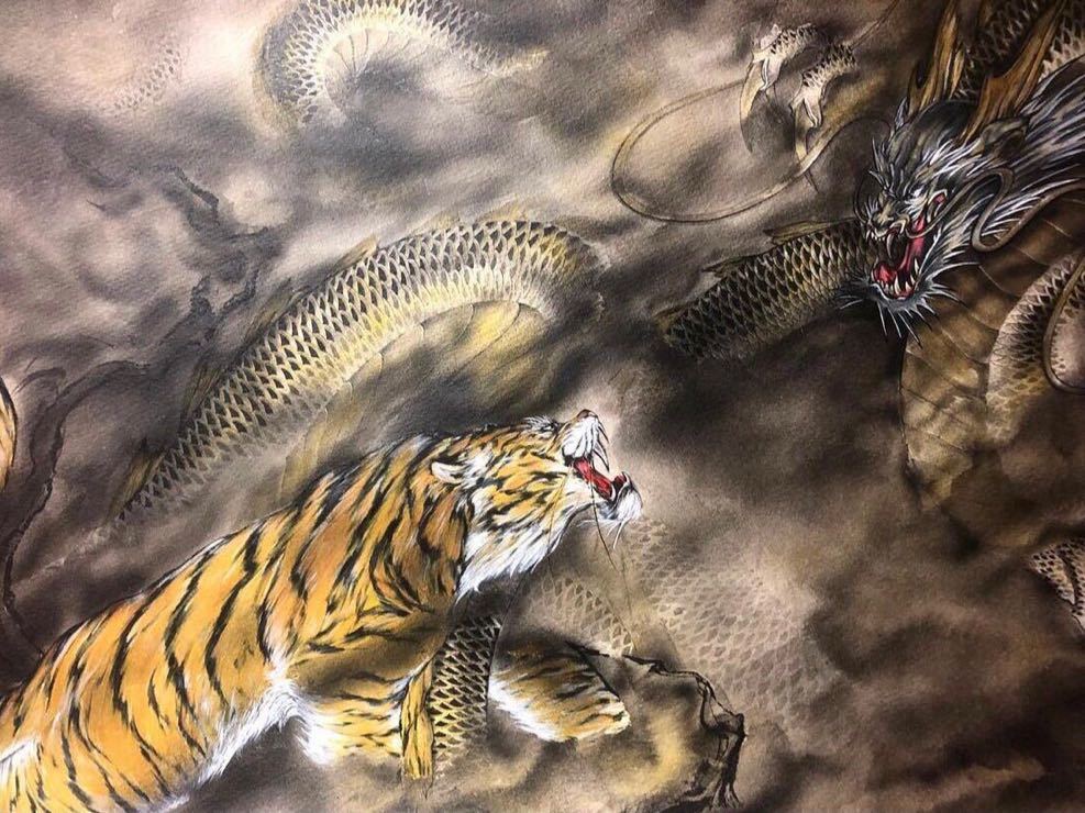 Dragon and Tiger Dragon Tiger Japanese Pattern, Painting, Oil painting, Animal paintings