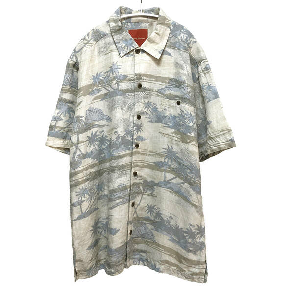 トミーバハマ シルク/リネン キャンプシャツ アロハシャツ ハワイアンシャツ 総柄 半袖シャツ メンズL TOMMY BAHAMA 古着 BF1207