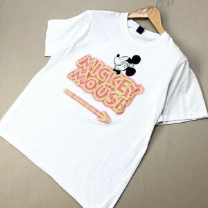 ディズニー ☆ Disney ミッキーマウス ミュージック モチーフ レディース 半袖 Tシャツ L ホワイト POPなスプレーロゴ♪ 夢の国へ♪ ■S18