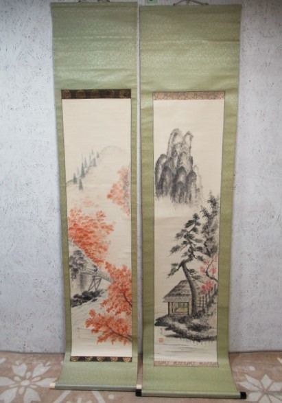 Free shipping for a limited time ■Osamu ■Hanging scroll Set of 2 Landscape drawing Approx. 191 x 38cm/Approx. 196 x 45cm Landscape Spring/Autumn Paperback Hanging scroll Details unknown, painting, Japanese painting, landscape, Fugetsu