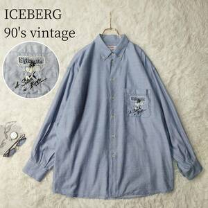 90s Vintage Italy made ICEBERG Iceberg long sleeve shirt button down light blue light blue sill Bester embroidery XL 2XL big size 