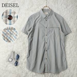 【淡い色合いで爽やかな一枚】DIESEL ディーゼル 半袖シャツ チェック柄 スナップボタン ロゴ刺繍 Mサイズ Lサイズ メンズ 古着 USED