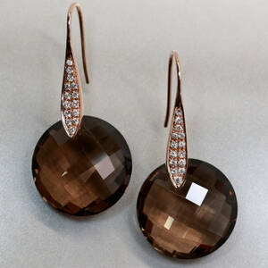 K18 PG smoky quartz diamond earrings hook earrings large grain pink gold 