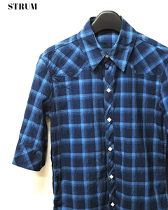 S【STRUM CHECK SHIRT STC044-03LC BLUE ストラム チェックシャツ 5分袖 ウェスタンシャツ 麻 ブルーチェック ヘンプ】