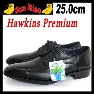 即決 未使用近 Hawkins Premium ホーキンス プレミアム メンズ 25cm 3E レザー プレーントゥ 外羽根 黒 ビジネス フォーマル シューズ 革靴