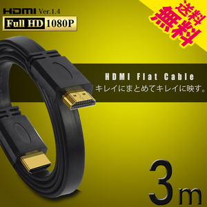 HDMIケーブル フラット 3m 300cm 薄型 平型 Ver1.4 FullHD 3D フルハイビジョン ネコポス 送料無料