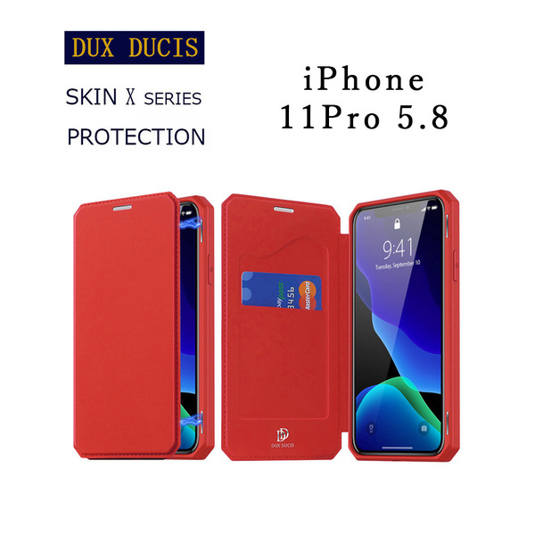 iPhone 11 Pro ケース レッド 手帳型 PUレザー カード収納 スタンド機能 耐水 指紋防止 耐衝撃 スキンX プロテクション 上位モデル 高級