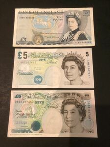 イギリス　５ポンド旧紙幣　３種類