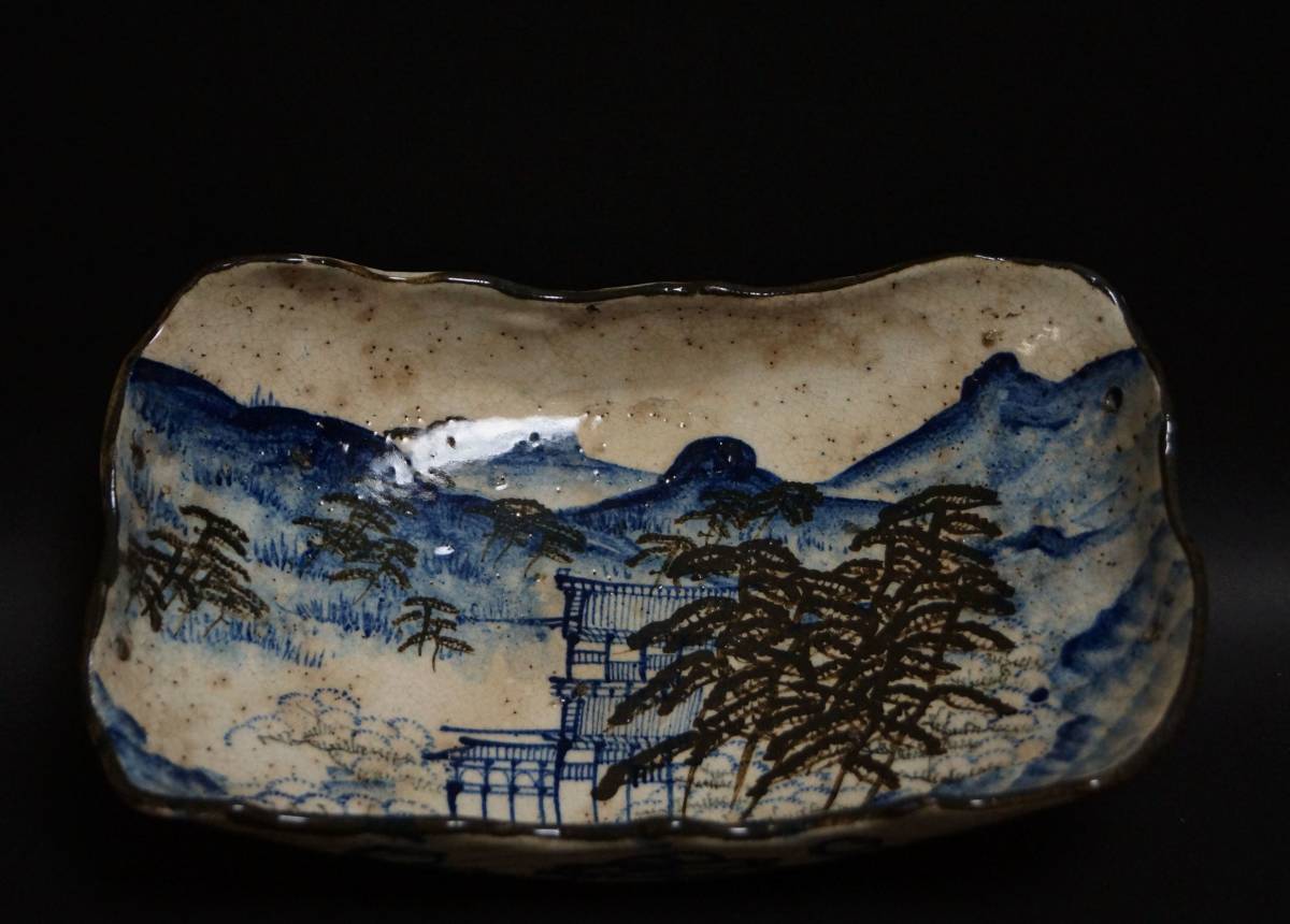 江戸後期 手描き色絵『浜松山水風景』大型盛鉢 飾皿 正絹仕覆付 共箱