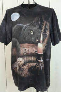 【古着】☆THE MOUNTAIN：タイダイ　猫　プリント　Tシャツ　メンズＬ　ブラック系/黒猫/月/キャンドル/2013/アニマル/大きいサイズ