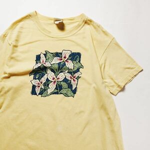 90's USA製 LLビーン L.L.BEAN フラワープリント コットン Tシャツ 半袖 (WOMENS M) 黄色 クルーネック 90年代 アメリカ製 旧タグ オールド