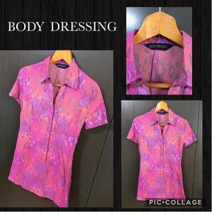 ◆BODY DRESSING ボディドレッシング 半袖カットソー チュニック丈 総柄 レーヨン 薄手 シャツ生地 刺繍 日本製 比較的綺麗 