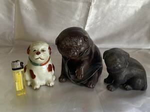 犬の置物　3点　陶器・アンチモニー　検；昭和レトロ ビンテージ アンティーク 骨董