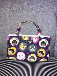 猫柄 ファスナー持ち手付き ポーチ ミニトートバッグ ハンドメイド