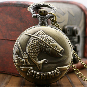 [ postage our company charge ]* pocket watch * pocket watch * clock * chain necklace * fishing antique style * fish * quarts *cindiry-1*