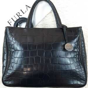 【美品】FURLA フルラ ショルダーバッグ トートバッグ ハンドバッグ 2way クロコ型押し レザー ロゴチャーム A4収納 黒 ブラック