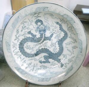 景徳鎮 青花 龍文盤 特大皿 直径約1m3cm 中国美術 染付 大皿