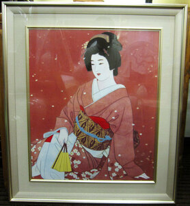 Art hand Auction 伊東深水 陶磁画 『春の夕映え』 画寸62×52cm 額入り 希少 有田焼, 絵画, 浮世絵, 版画, 美人画