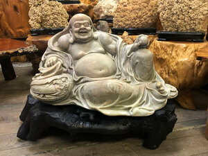 天然石彫刻 布袋像 台座付き 七福神 置物 仏教美術 仏像 総高約57cm