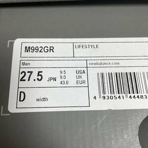 【27.5cm 未使用品】New Balance M992GR WIDTH D GRAY US9.5 ニューバランス　グレー