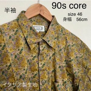 90s core 綿　半袖シャツ　花柄　マスタードブラウン　イタリア製生地使用