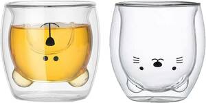 【240ml2点セット】ダブルガラス　耐熱ガラス　ガラスコーヒーカップ　ファッションティーカップ　カップ断熱材　 (クマ+猫)