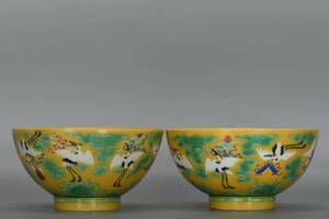 ◆旧蔵◆古美術 中国古玩　清代雍正年製款　黄地　仙鶴紋八宝碗―對　時代物　A04
