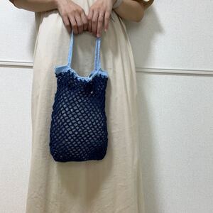 ★SUMMER SALE★ *ハンドメイドバッグ* 手編み トートバッグ ブルー 水色 バイカラー ミニトートバッグ コットン