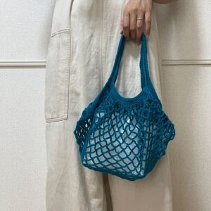 ★SUMMER SALE★ *ハンドメイドバッグ* 手編み トートバッグ ブルー 青緑色 ミニトート コットン バッグ