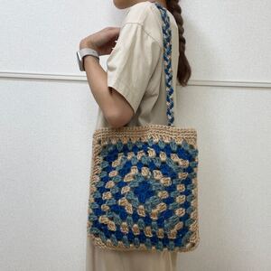 ★SUMMER SALE★ *ハンドメイドバッグ* 麻バッグ クロシェバッグ ハンドメイド ブルー ジュートバッグ トートバッグ