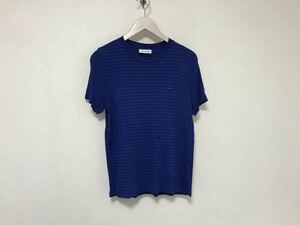 美品本物ラコステLACOSTEボーダー柄レーヨン半袖TシャツビジネススーツアメカジミリタリーサーフレディースL青ブルー40