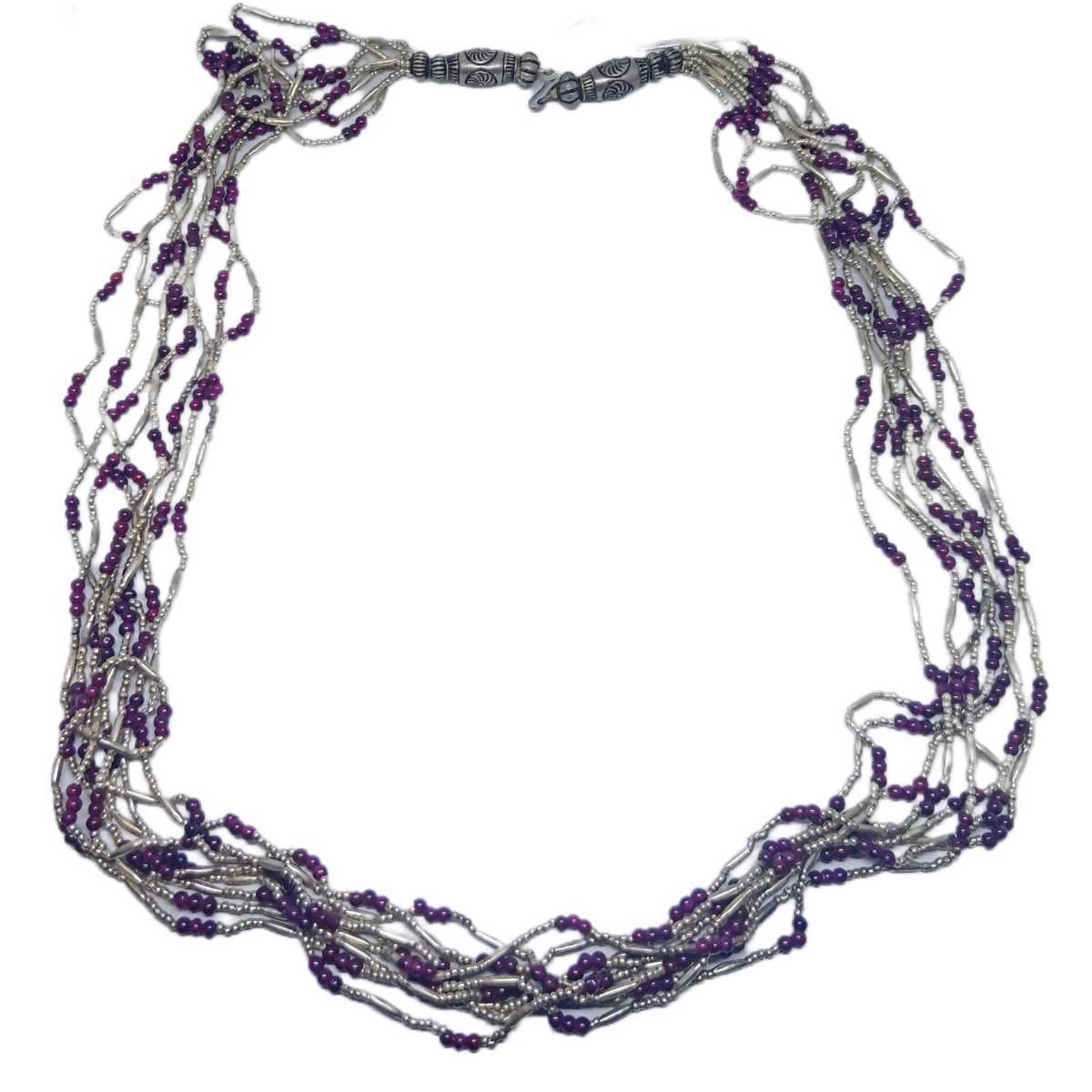 Surin antike alte Silberperlen + Karen-Reisperlen Silber + Granat 3 mm 8-strängige Halskette, handgefertigt, thailändisch, wunderschön, selten, 55 g/m², 700 mm, Damenaccessoires, Halskette, Anhänger, Silber