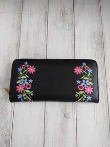 長財布 ラウンドファスナー 花柄 刺繍 黒 ブラック 財布 花刺繍 花