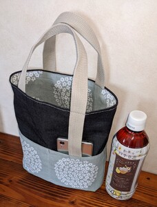 デニムとフラワーサークルのミニトートバッグ ハンドメイド 花柄