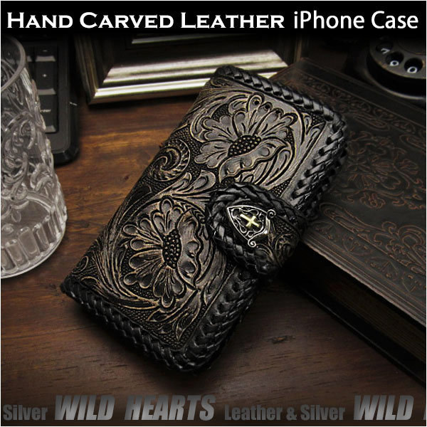 iPhone XS iPhone case Smartphone case Notebook type Genuine leather Leather case Carving Handmade Saddle leather Black Black With concho, accessories, iPhone Cases, For iPhone XS