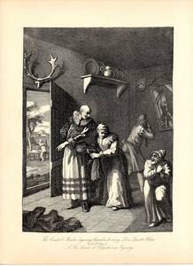 1871年 William Hogarth ホガース 鋼版画 ドン・キホーテを家に運ぶために変装する館長と理髪師