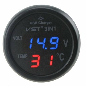 デジタル電圧計 LED 温度計 USB充電器 3in1 自動車用 シガーソケット 12V 24V（ レッド＋ブルー）